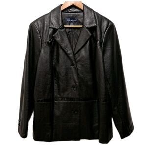 Susan Graver Faux Leather Blazer Jacket Womens 1X Black Button Front Shiny Grid